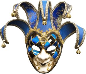 Full-face blue and gold jester mask