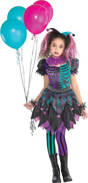 Girl in jester costume holding balloons