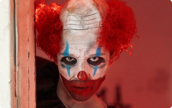 Colorful clown with red hair and creepy clown makeup