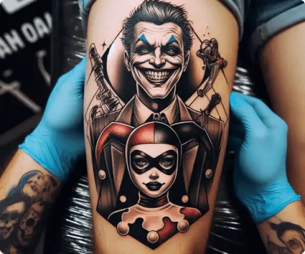 A detailed tattoo on the thigh depicting the Joker and Harley Quinn, capturing their playful yet chaotic essence.