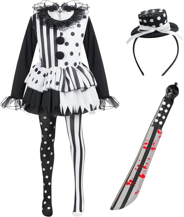 Black and White Jester Halloween Killer Clown Costume - Inclusions