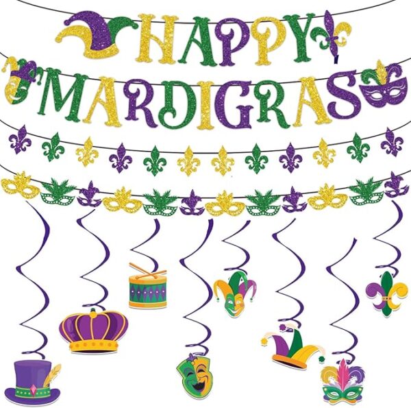 Mardi Gras Banner and Hanging Swirl Decor