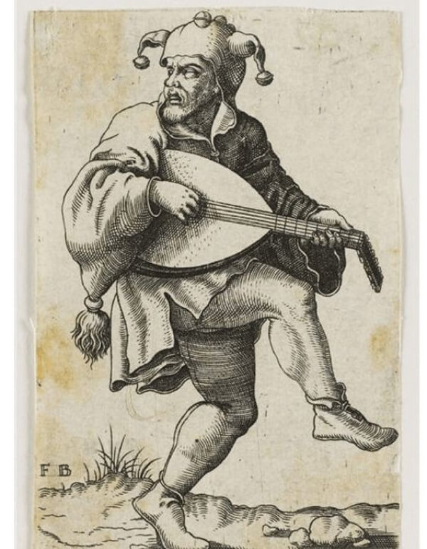 A jester playing a lute in a detailed drawing, showcasing intricate musical instrument and musician