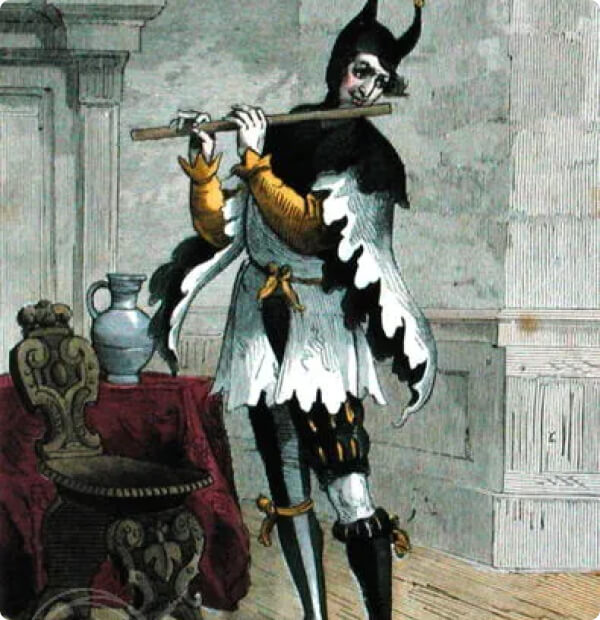 Medieval-themed image of a Jester playing a flute